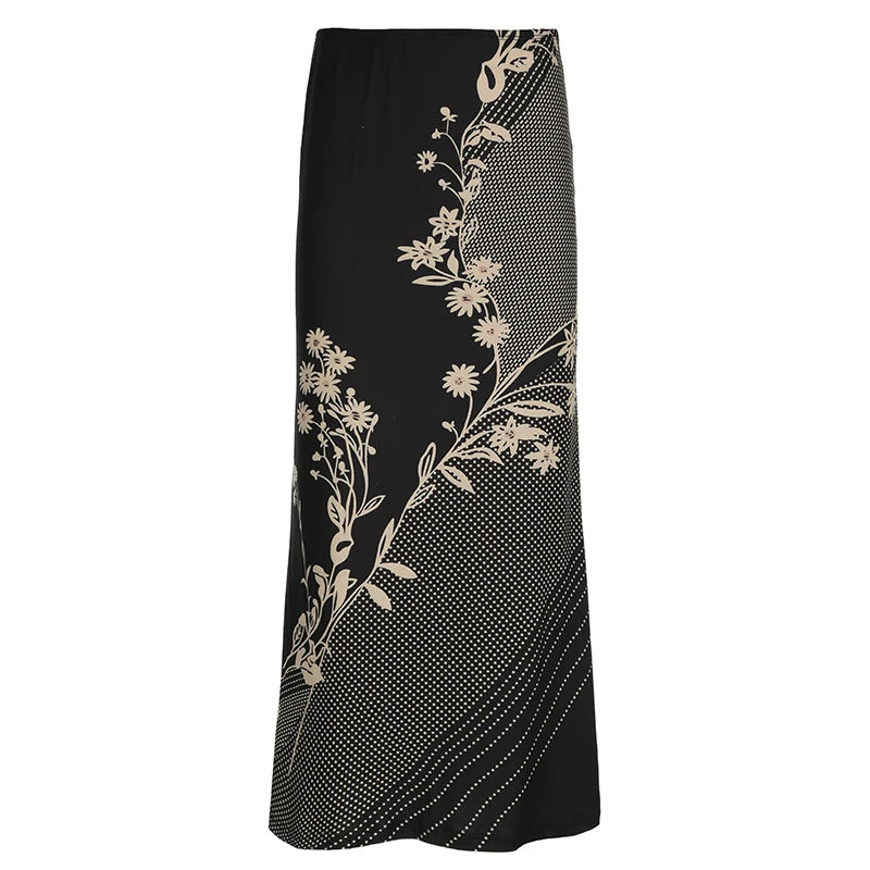 Lunivop  Vintage Floral Print Long Skirts y2k Retro Low Rise Straight Midi Skirt for Women Harajuku Ladies Bottoms 90s Aesthetic