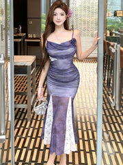 Lunivop  Purple Mesh Patchwork White Lace Ruffled Long Dress Women Elegant Luxury Dance Party Dress Summer Fashion Bodycon Vestidos