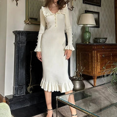 Lunivop Elegant Knitted Long Skirt Women Black Vintage Long Sleeve Party Dresses Sweet Ruffle Patchwork Sweater Maxi Dress Slim