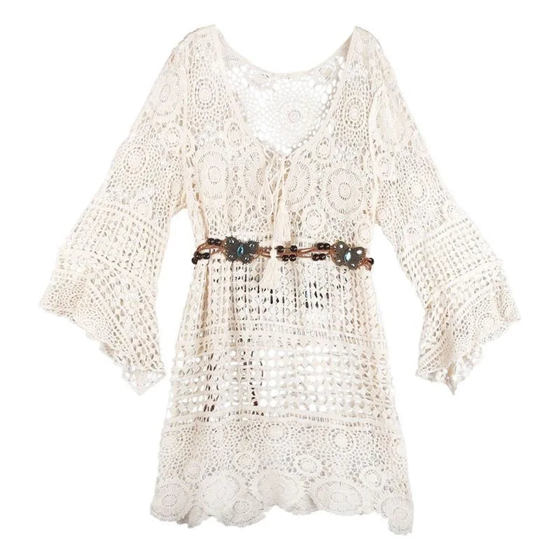 Lunivop Crochet Tunic Top Boho Women Summer Beach Wear Lantern Sleeve Tassel V-Neck Open Knit Top