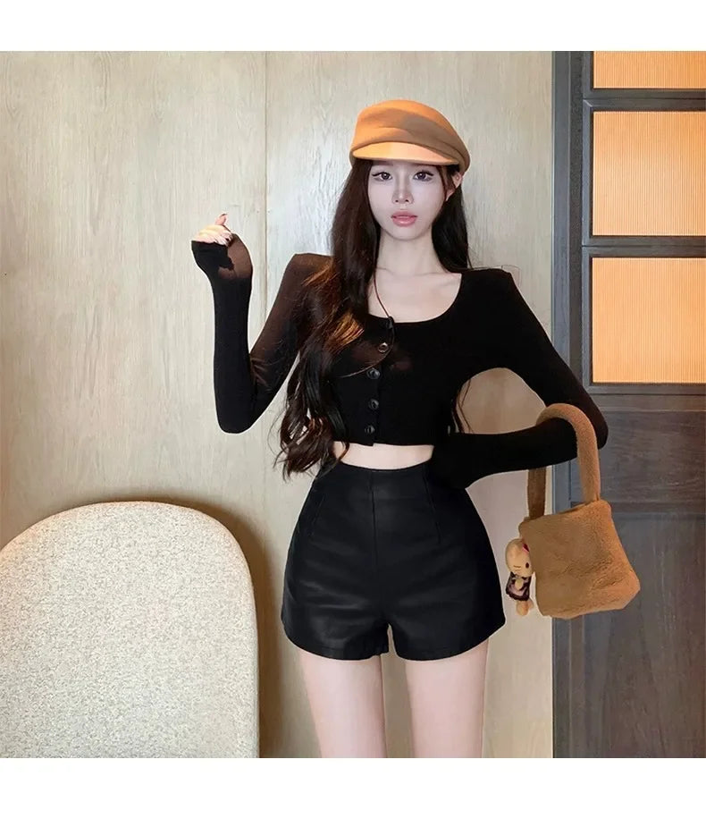 Lunivop Women's New Autumn Black Leather Shorts High-waisted Slimming Tight A- line Casual Pants For Smooth Slimmed Silhouette