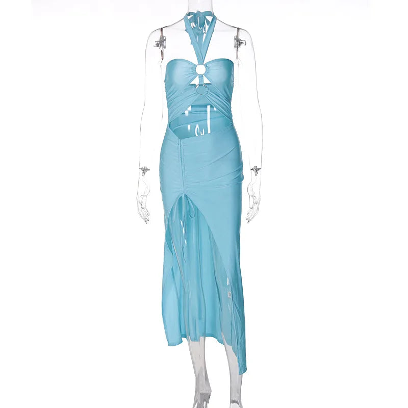Lunivop Halter Hollow Out Bandage Ruched Slit  Elegant Women'S Dresses Summer Party Evening Streetwear Women Casual Clothing