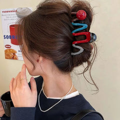 Lunivop  New Fashion Red Wave Hair Claw Clip for Women Korean Sweet Acrylic Bead Large Shark Clip Ponytail Headwear Hair Accessories