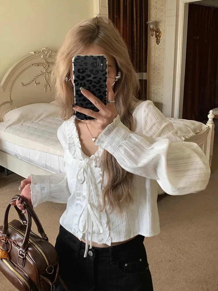 Lunivop  Lace Up Sweet White Shirts Women Vintage Long Sleeve Cropped Blouse Casual V Neck Female Korean Elegant Retro Tops New