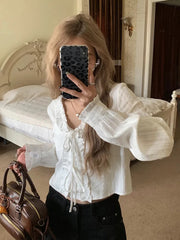 Lunivop  Lace Up Sweet White Shirts Women Vintage Long Sleeve Cropped Blouse Casual V Neck Female Korean Elegant Retro Tops New
