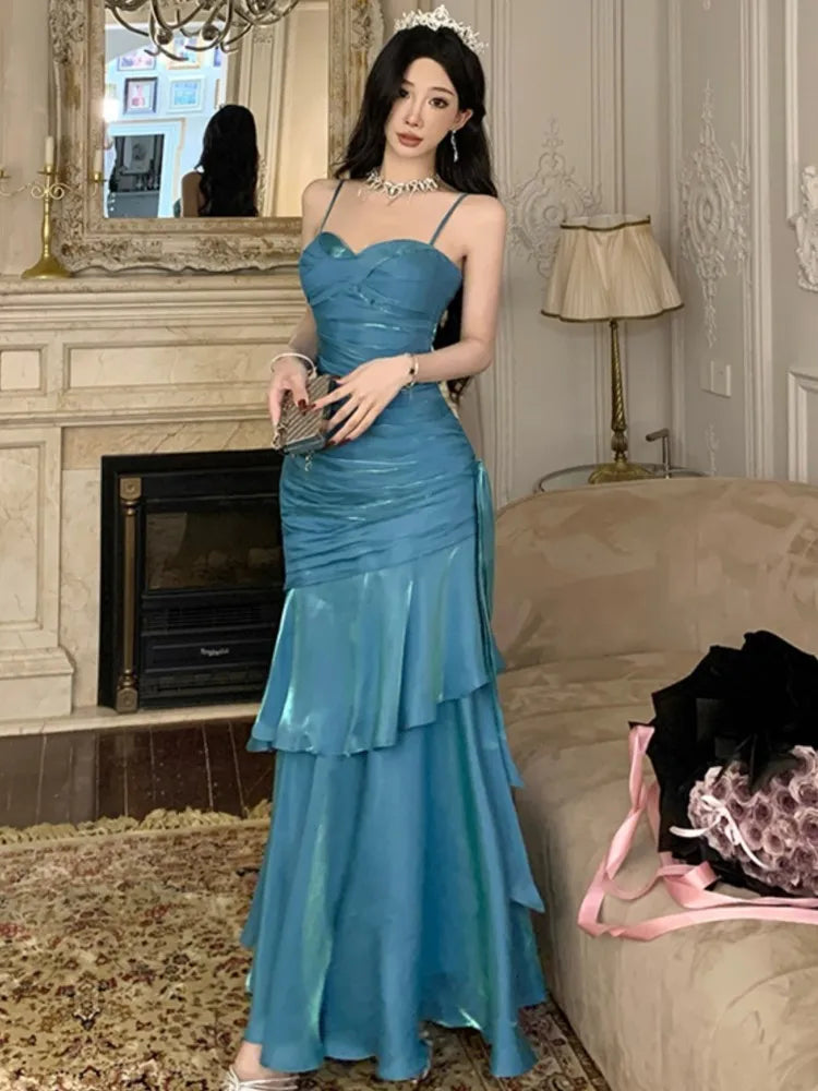 Lunivop  Elegant Solid Party Dress for Women Sexy Spaghetti Strap Sleeveless Evening Dresses Summer Spring Slim Waist Vestidos Long Robe