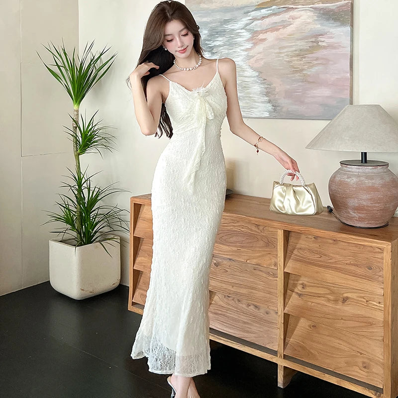 Lunivop  White Lace Jacquard Chic Bow Sling Sexy Long Dress Women Luxury Dacne Party Dress Summer Korean Fashion Bodycon Night Dress
