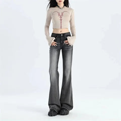 Lunivop  Women's Vintage Y2K Flared Jeans Korean Button-Up Low Rise Casual Denim Pants Female Versatile Elastic Slim Fit Jean Trousers