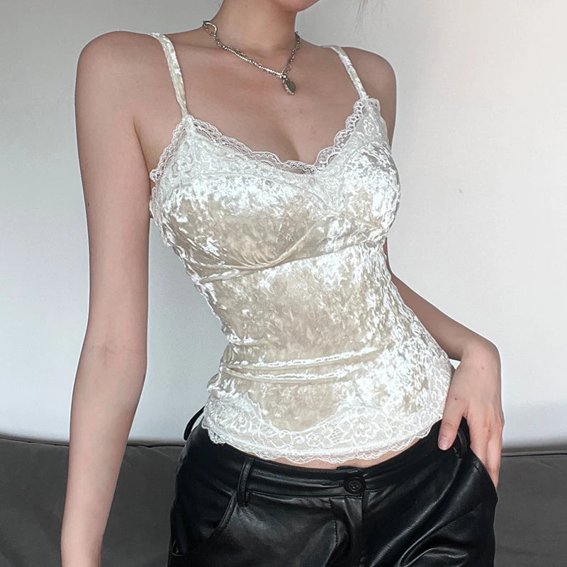 Lunivop  Retro Velvet Camis Elegant Y2k Sleeveless Lace Patchwork Strap Crop Top Women Basic Casual Tees 90s Vintage Outfits Sweet