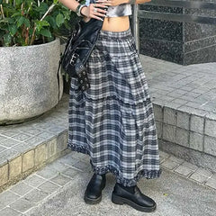 Lunivop Streetwear Contrast Color Plaid Sexy A-line Skirt Women 2024 Autumn New Korean Pleated Loose All Match Mid-length Skirt