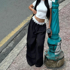 Lunivop  Contrast Lace Stitching Wide Leg Pants Streetwear y2k Low Rise Loose Black Trousers for Women Korean Fashion Baggy Capris