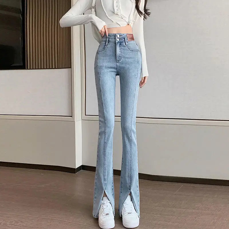 Lunivop  High Waist Straight Leg Black Denim Jeans Women's Spring Fashion Slit Elastic Micro Flare Trousers Korean Design Sensation