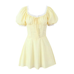 Lunivop  Sweet Yellow Splice Lace Bodycon Corset style Mini Dress Women Cross Lacing up Bandage Back Short Puff Sleeve Party Robe