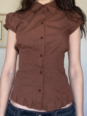 Lunivop   American Retro Preppy Brown Shirts Women Button Up Turn Down Collar Puff Sleeve Shirring Pleated Hem Slim Casual Tops