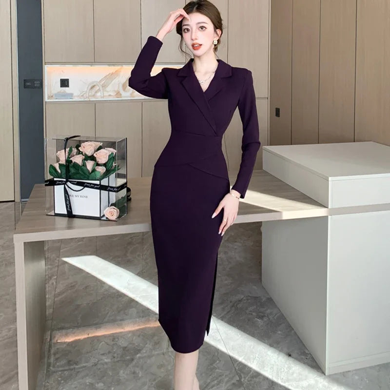 Lunivop  Black Long Sleeve Bodycon Office Lady Dress Autumn Winter Solid Patchowrk Fake Two Piece Dress Korean Elegant Women's Dress