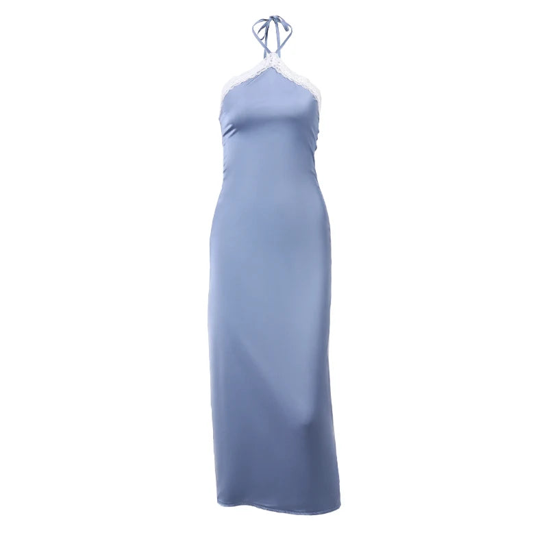 Lunivop   Candyhot Sexy Satin Off Shoulder Halter Neck Maxi Dresses Aesthetic Lace Backless Stitch Sundress Summer Elegant Party Robe