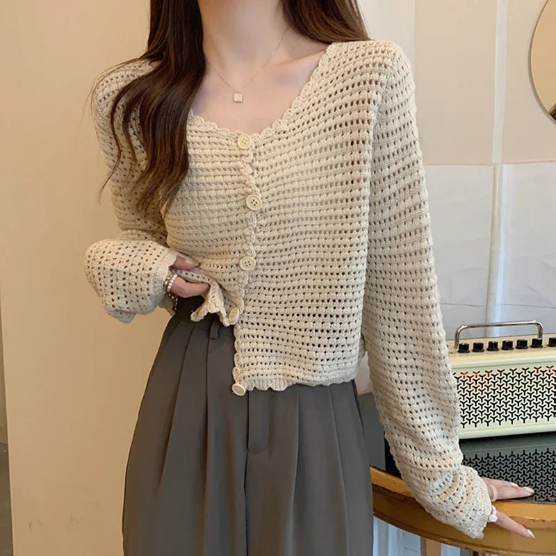Lunivop Women Button Up Short Cardigan Knitted Shirt Hollow Out Crochet Crop Top Long Sleeved Thin Cover Up Teen-girl Casual Outfit