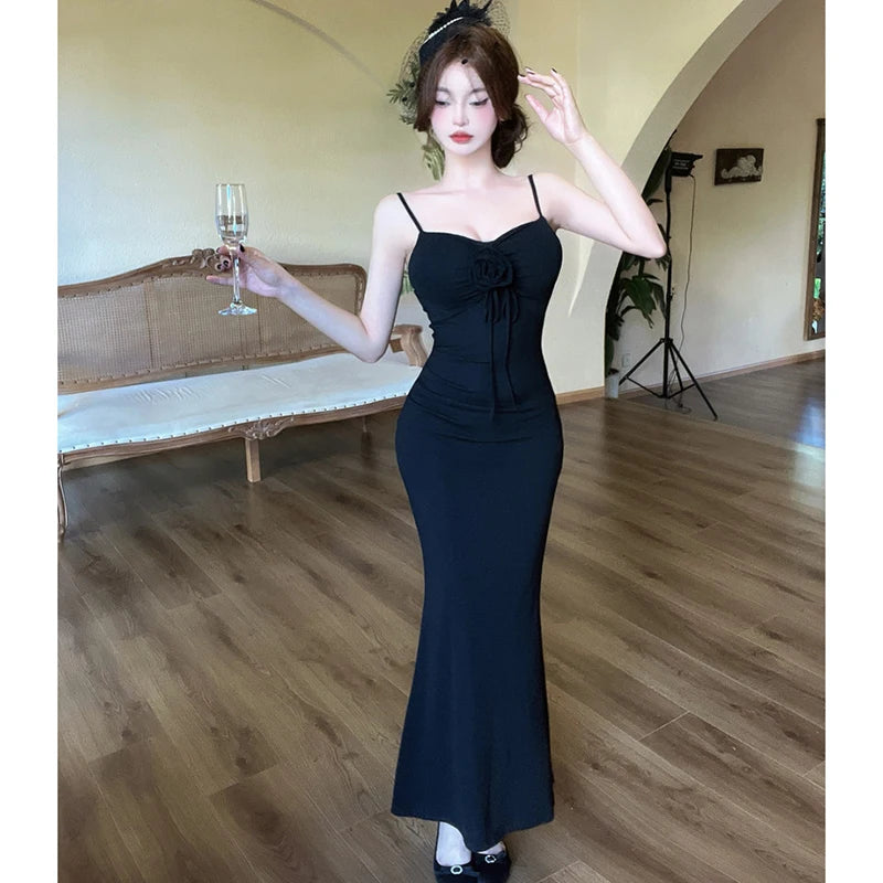 Lunivop  Women New Red Sexy Bow Flower Sling Long Dress Summer Elegant Ruffled Luxury Dress 2025 Korean Vintage Bodycon Dance Party Dress