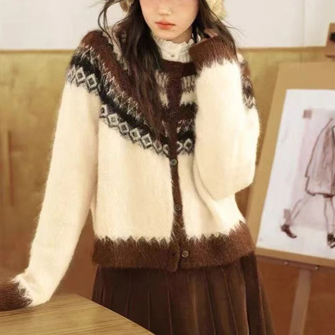 Lunivop Button Up Fair Isle Sweater Cardigan Soft Knit Sweater Jacket Geometric Print Cozy Knitwear Teen-girl Fall Winter Vintage Outfit