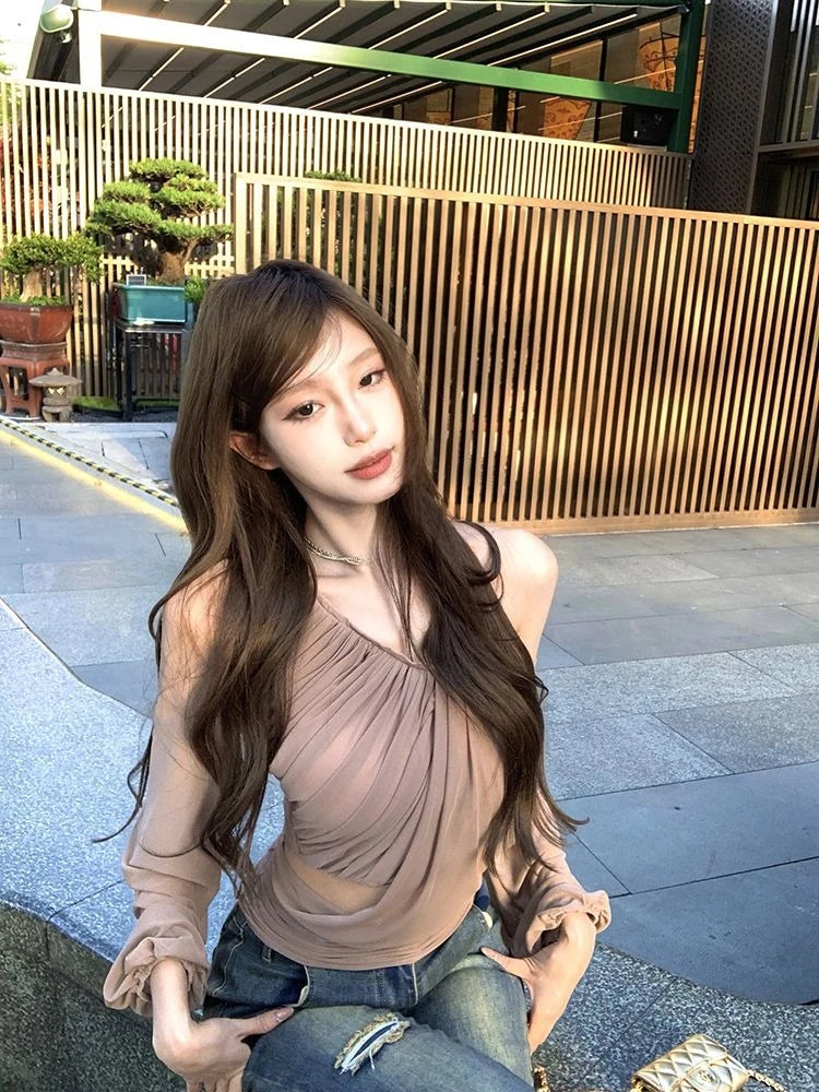 Lunivop  Irregular Blouse Women Diagonal Collar Long Sleeve Mesh Patchwork Slim Sexy Hollow Out Backless Solid Sexy Shirts Tops