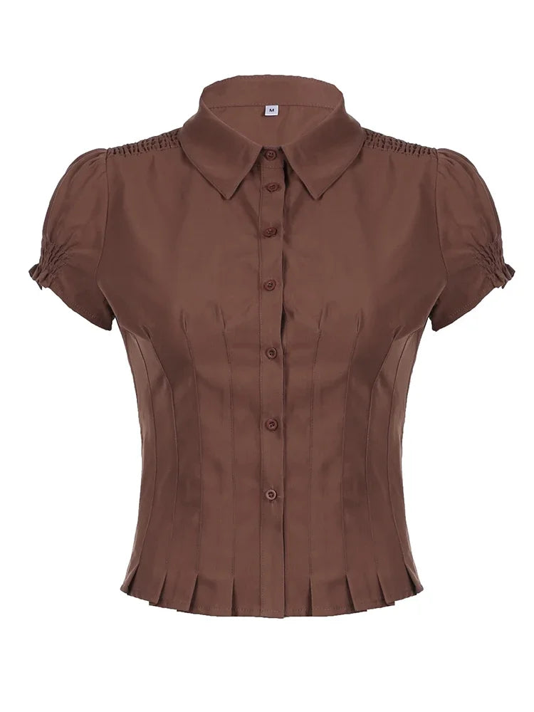Lunivop   American Retro Preppy Brown Shirts Women Button Up Turn Down Collar Puff Sleeve Shirring Pleated Hem Slim Casual Tops