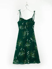 Lunivop  Women Lacing up Sling Chiffon Robe Party Retro French Style Green Flower Print Bandage Spaghetti Strap Hem Slit Midi Dress