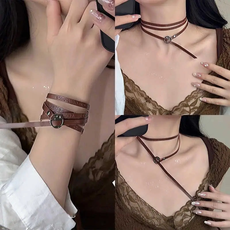 Lunivop Maillard Style Brown Artificial Leather Necklace for Women Adjustable Bracelet Multifunctional Choker Waist Chain Trendy Jewelry