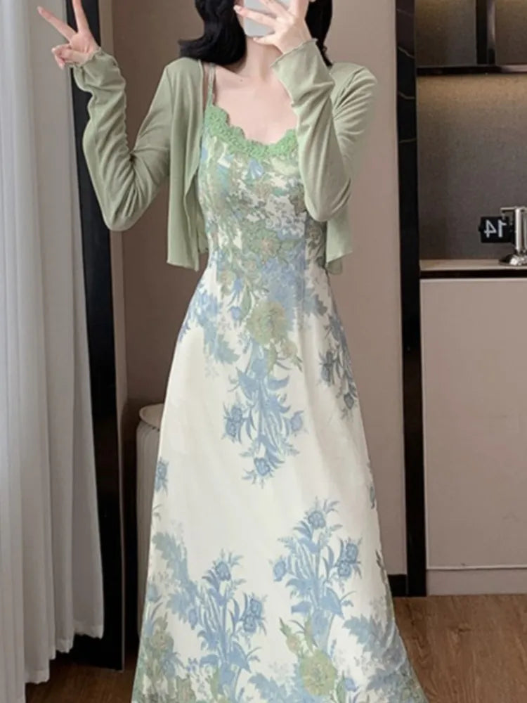 Lunivop Fashion Spring Summer Two Piece Set Women Cardigan Short Top + Retro Jacquard Spaghetti Straps Midi Dress Elegant Party Suits