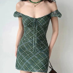 Lunivop  Retro French Green Plaid Puff Sleeve Mesh Mini Dress Sexy Women Bow Lacing up Square Collar Package Hips Bodycon Party Robe