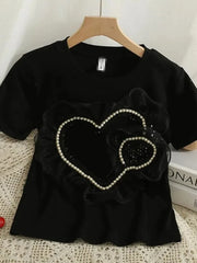 Lunivop  Sweet Love Cute T Shirt Women Casual Loose O Neck Mesh Patchwork Tees Vintage Kawaii Female Short Sleeve White Tops Summer