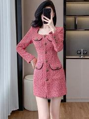 Lunivop  Women Pink Tweed Thick Warm Mini Dress Autumn Winter Long Sleeve Square Collar Dress Korean Elegant Bodycon Birthday Dress