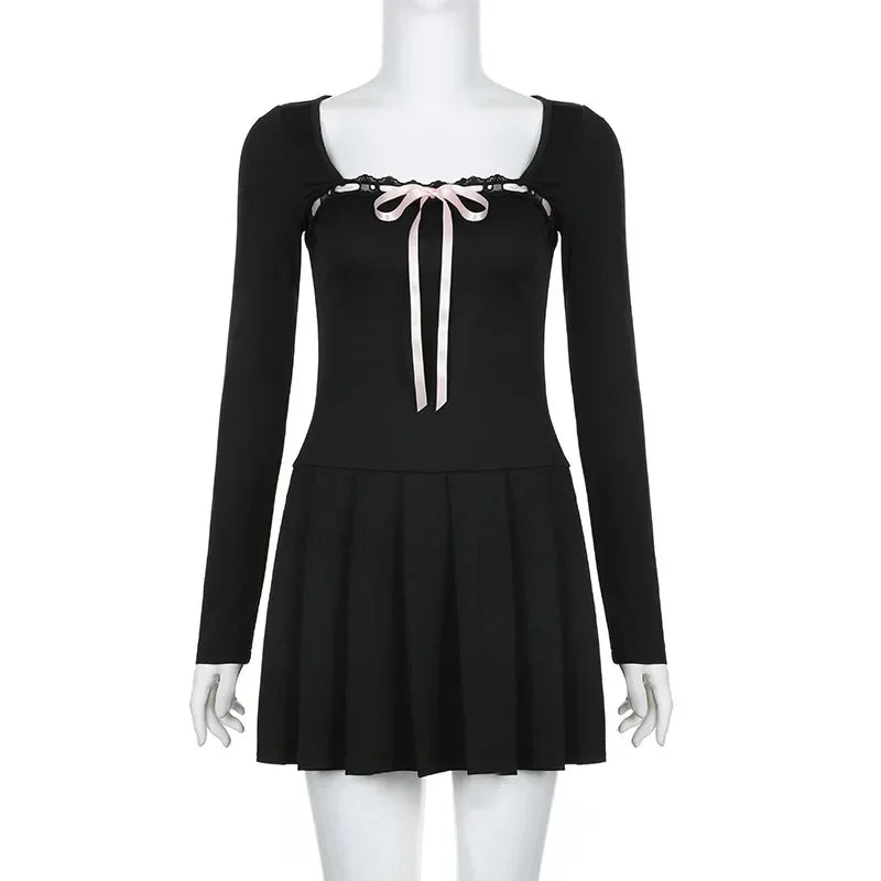 Lunivop Women Sweet Lace Trim Bow Pleated Dress Mini Coquette Korean Fashion Square Neck Autumn Dress Clothes Kawaii Lolita