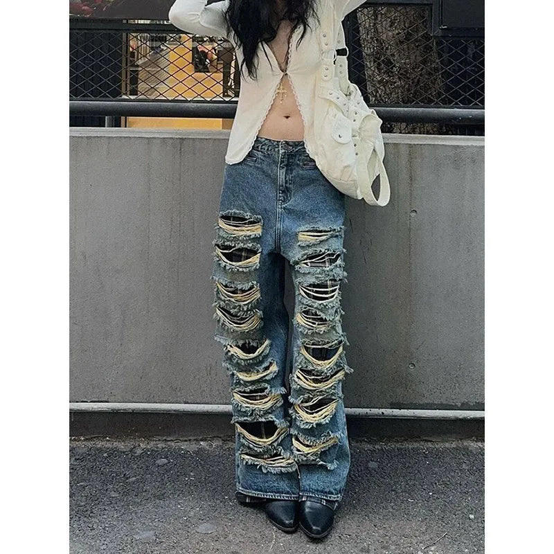 Lunivop Women's Blue Gothic Y2k Ripped Jeans Baggy Harajuku Denim Trousers Vintage Emo Jean Pants Japanese 2000s Style Trashy Clothes