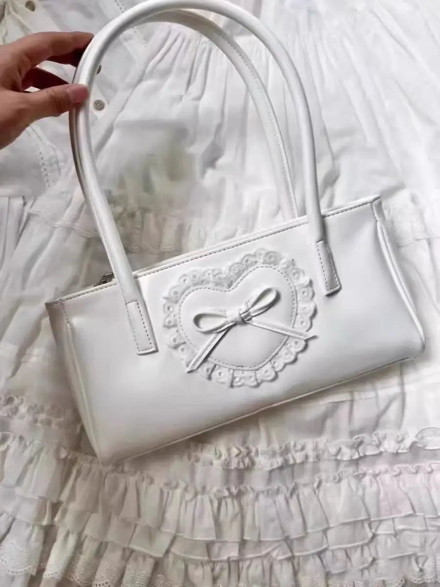 Lunivop Lolita Heart White Underarm Bag Women Harajuku Lace Leather Y2k Shoulder Bags Purse Female Fairycore Aesthetic Handbag