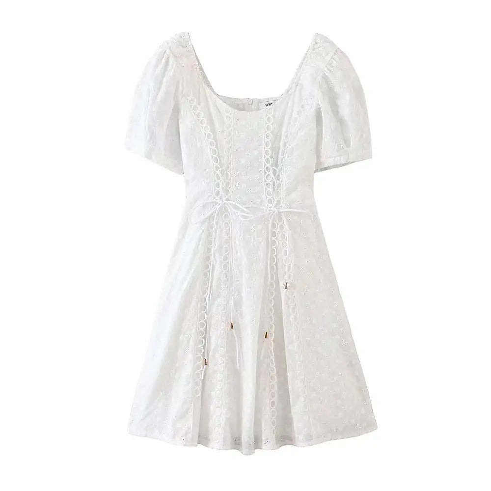 Lunivop  Sweet White Embroidery Hole Stitching Lace Cross Lacing up Short Puff Sleeve Dress Woman French Mini Dresses Holiday Robe