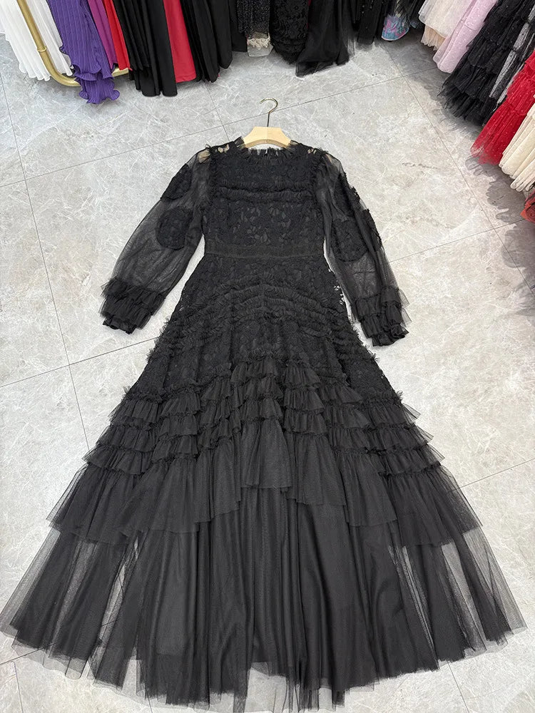 Lunivop Solid Hollow Out Ruffles Design Dresses For Women Round Neck Long Sleeve High Waist Elegant Dress Autumn 2025 New
