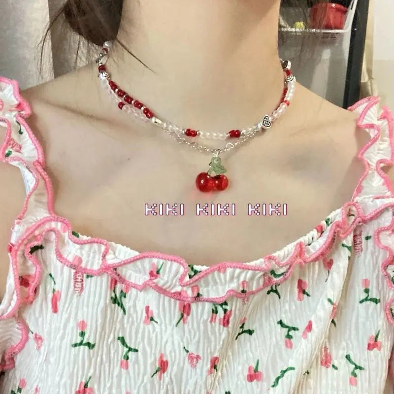 Lunivop Korean Fashion Retro Goth Beaded Cherry Pendant Necklace For Women Egirl Aesthetic Grunge Y2k 90s Jewelry Accessories