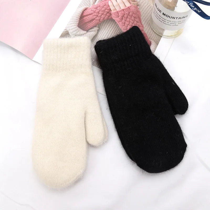 Lunivop Women Winter Keep Warm Plus Cashmere Solid Color Woolen Elasticity Soft Full Fingers Mittens Girls Black Fur Knitted Cute Gloves