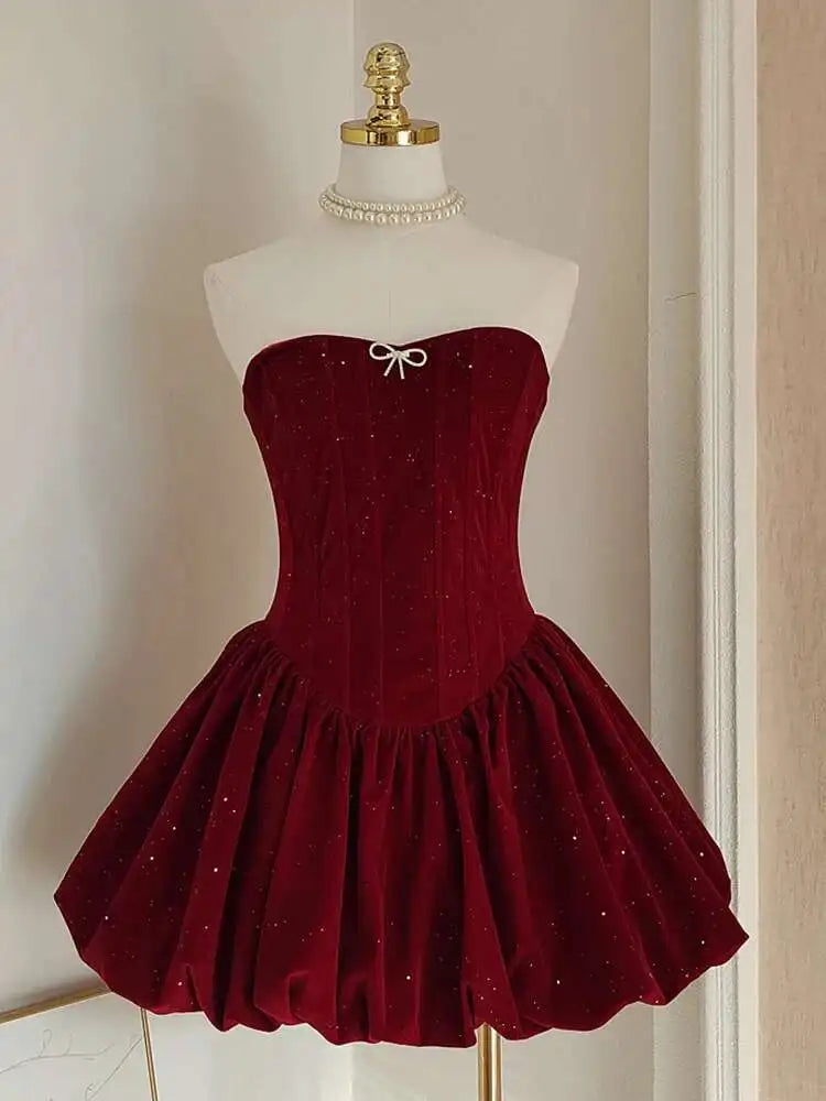 Lunivop  French Women's Velvet Lace-up Dresses Strapless High Waist Sleeveless Slim Elegant Dress Female Autumn 2025 New