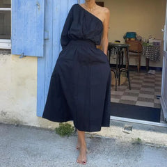Lunivop   Female High Street 2pc Elegant Slash Neck One Shoulder Long Sleeve Tops+Draped Skirts Sets Solid Color Commute Outfits