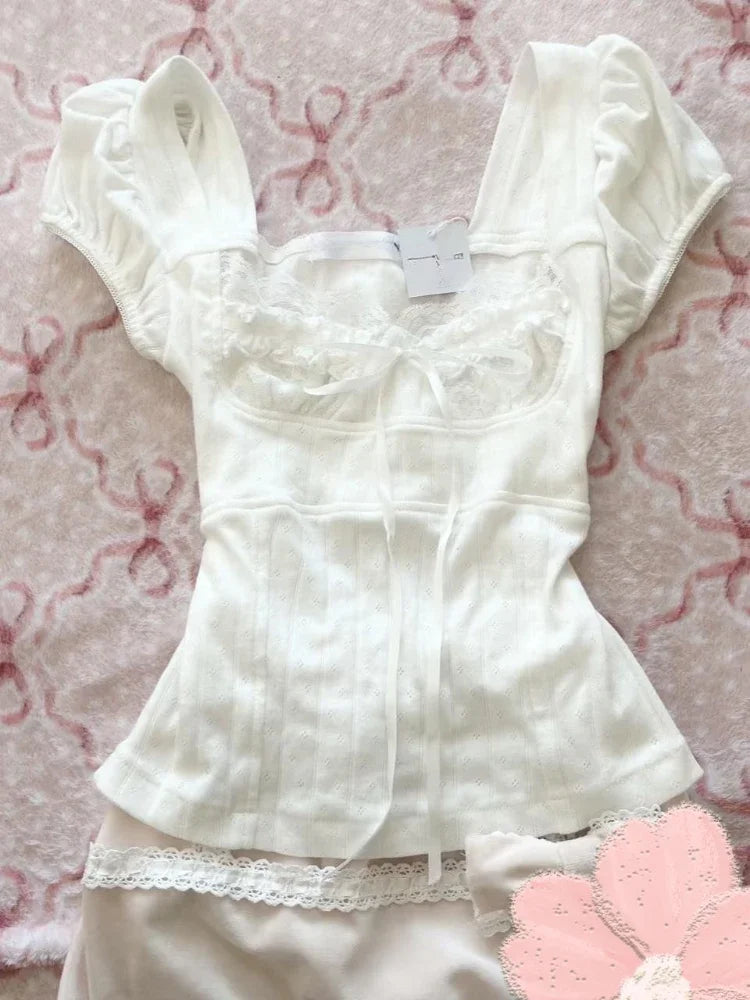 Lunivop  Casual Vintage Short Sleeve T Shirts Women Design Chic Korean Lace-Up Y2k Crop Tops Fashion Sweet Elegant White Tees T-shirts