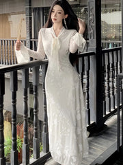 Lunivop  Elegant Flare Sleeve Long Dresses for Women New Autumn V-Neck Slim Wedding Runway Party Lace Vestidos Vintage Clothing Long Robe