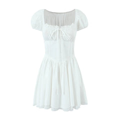 Lunivop  Sweet Women Ruched Chest Fish bow Waist Corset Style Dress Short Sleeve Cross Bandage Lacing up Back Bodycon Mini Party Robe