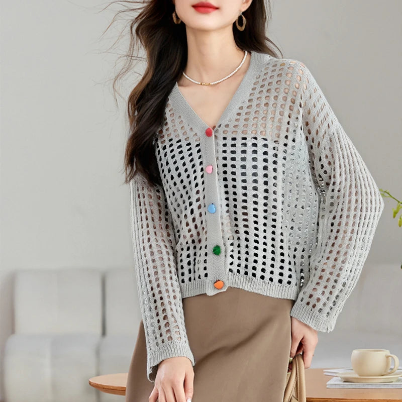 Lunivop Crochet Cardigan Women Multicolor Heart Button Front Long Sleeve Sheer Openwork Knit Top Jacket Teen-girl Boho Vacation Outfit
