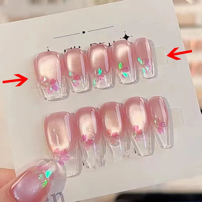 Lunivop  10pcs Handmade Reusable False Nails Set Cherry Blossom Cat Eye Stick-on Nails Spring Summer Manicure Press on Nails with Design
