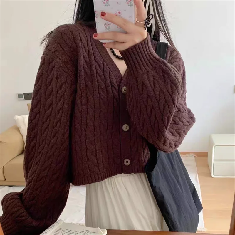 Lunivop Cozy Cable Knit Sweater Cardigan for Women V-neck Button Up Boxy Plain Crop Sweater Jacket Autumn Winter Teen-girl Y2k Outfit