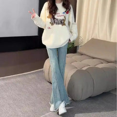 Lunivop  Light Blue Frayed Hem Design Micro Flare Jeans Plus Size for Pear Shaped Fat MM High Waist Slim Fit Pants