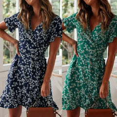 Lunivop  Summer European And American Printed V-neck Lace High-waisted Chiffon Floral Dress