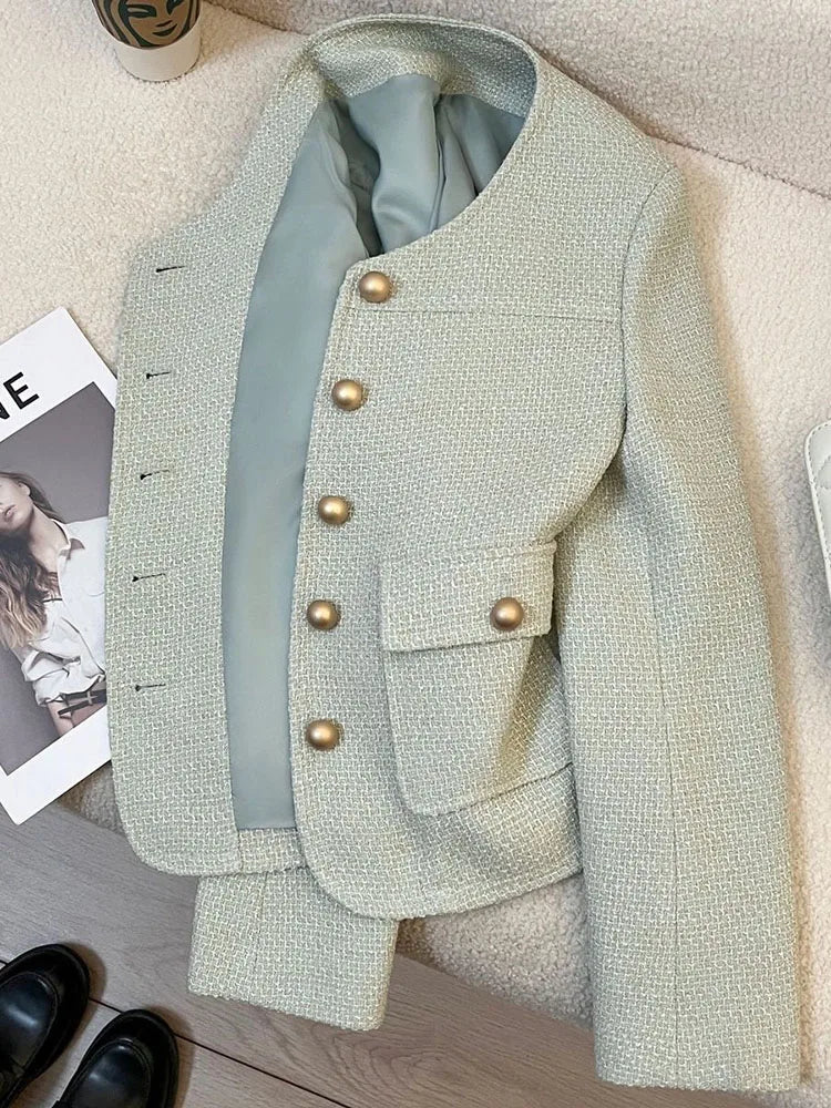 Lunivop Korean Sweet Green Jacket Women Casual O Neck Long Sleeve Tweed Coat Fashion Single Breasted Female Chic Blazer Jackets