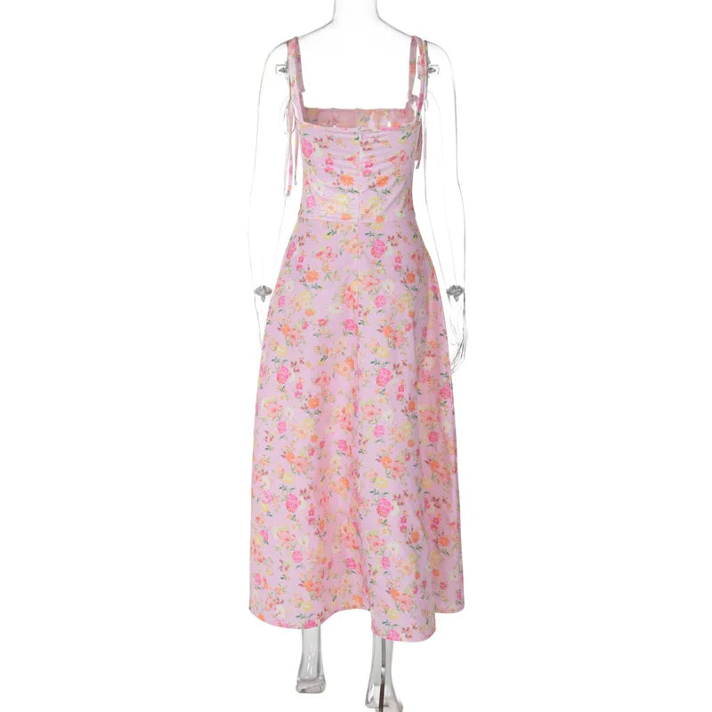 Lunivop Vintage Floral Print Square Collar Coraset Slit Elegant Evening Women'S Dresses Summer Fashion Casual Clothes Streetwear